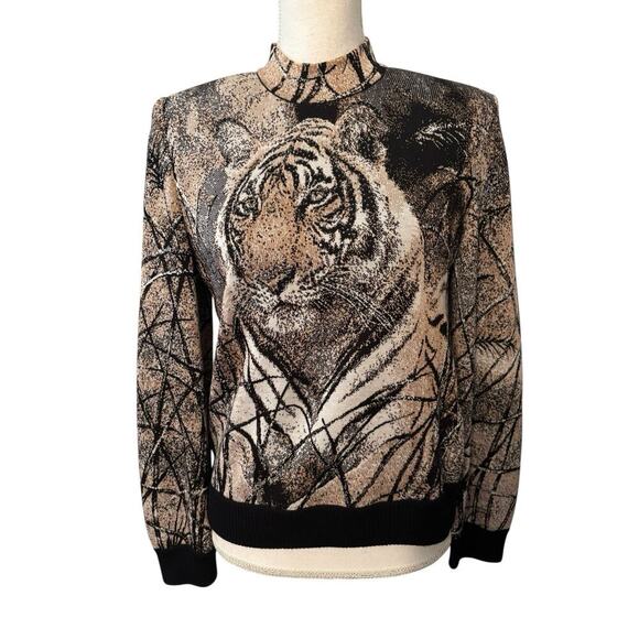 St John Sweaters - St John by Marie Grey Tiger Bling Sweater Woman S Zip Neck Metalic Bead Vinatge